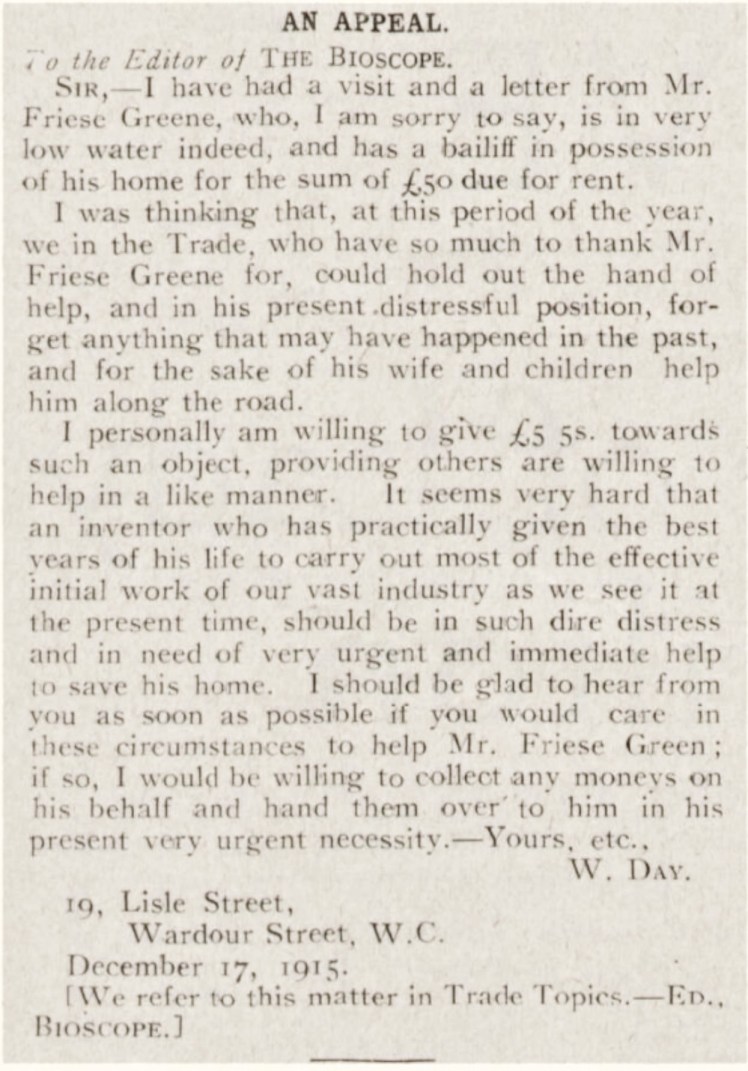 Will Day letter appealing for help for FG and family - The Bioscope - Thursday 23 December 1915 p71 edit